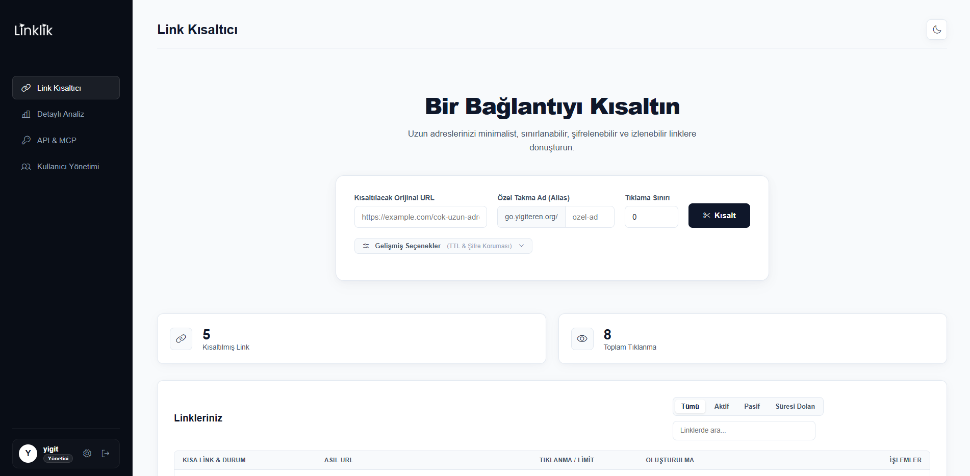 Linklik Gerçek Yönetim Paneli
